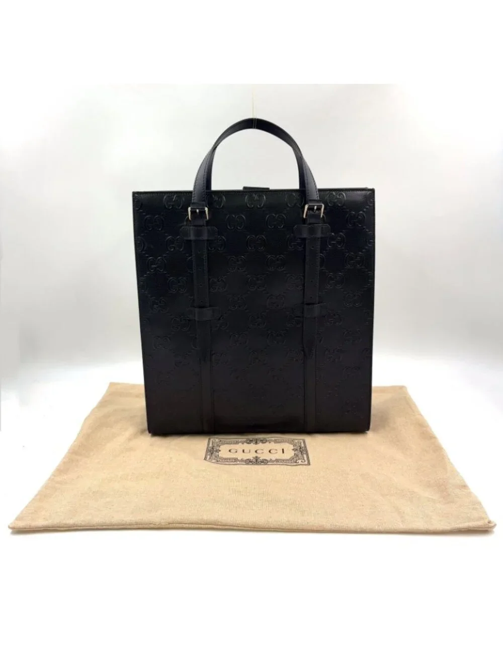 Gucci GG Embossed Calfskin Black Tote Silver